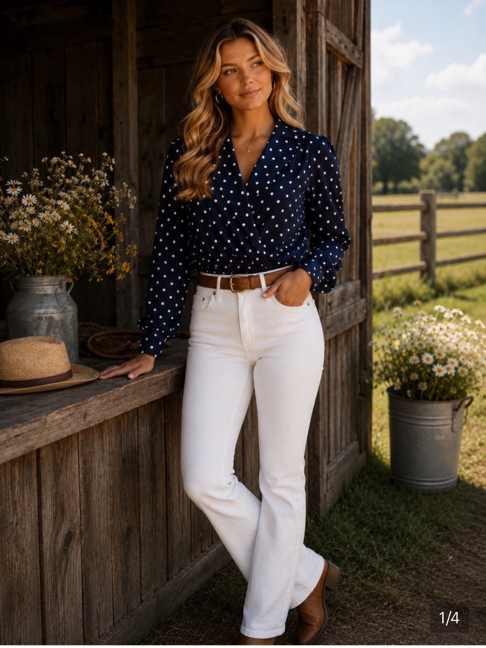 Tulip B Blue Long Sleeve With White Polka Dots Wrap Bodysuit. Size Lg & XL